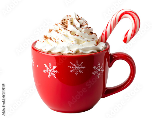  Holiday Hot Cocoa in Red Festive Mug with Candy Cane Stirrer, Front Perspective, Isolated