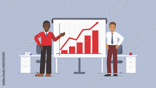 Two men presenting a growing chart on a whiteboard in an office setting with desks and chairs shown