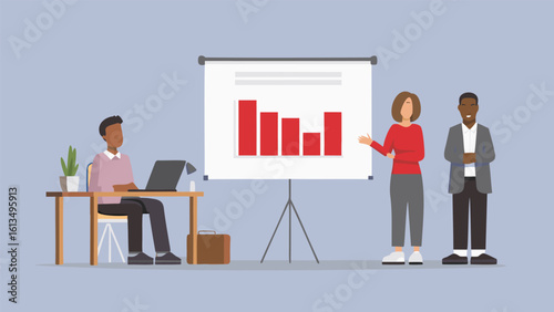 Presentation of a bar graph on a whiteboard with a presenter and two attendees in a meeting room setting