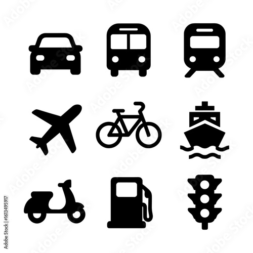 Transportation icons set with car, bus, train, plane, bicycle, ship, scooter, fuel pump and traffic light in bold silhouette style