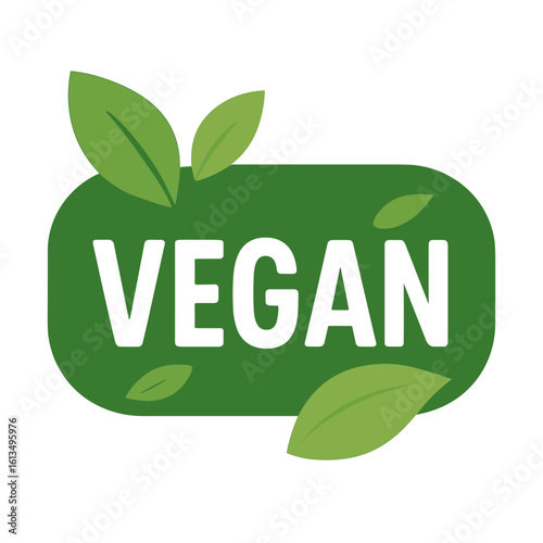 Vegan label design with bold white text and green leaves on rounded shape, ideal for packaging, food labeling and eco-friendly products.