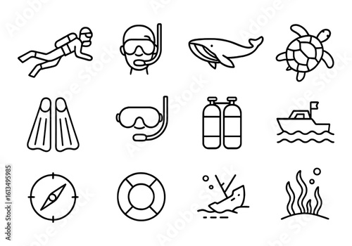 Scuba diving icons set with diver, snorkel gear, whale, turtle, shipwreck and underwater elements in outline style.