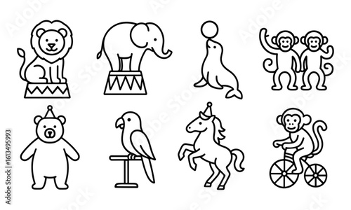 Circus animals icon collection in outline style featuring lion, elephant, seal, monkey, parrot, horse, and bear with festive accessories.