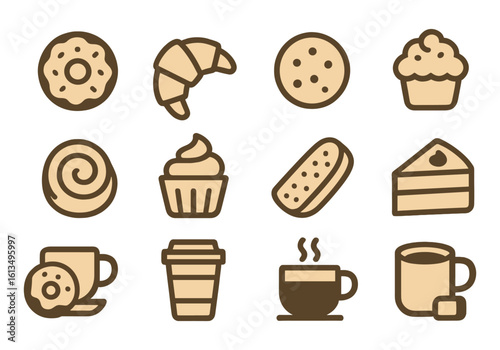 Bakery and coffee icon set with donuts, croissant, cupcakes, cookies, cups and takeout drinks in soft beige color style.