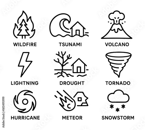 Natural disaster icons set including wildfire, tsunami, volcano, hurricane, tornado, meteor, and drought in outline style.