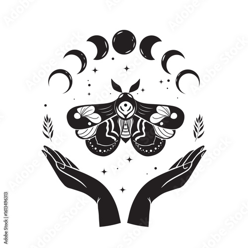 Moth butterfly vector illustration. Black simple butterfly on a white background. Esoteric tattoo illustration of celestial butterfly and moon cycle.