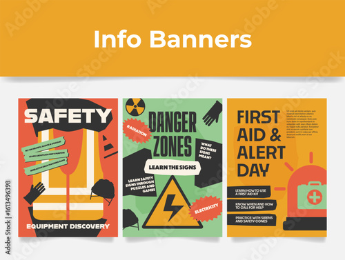 Safety posters designed to communicate first aid protocols, recognizing hazardous areas, and the importance of locating safety equipment.