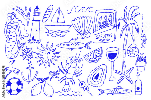 Coastal Sea Summer Beach Icon. Vintage Mediterranean Fisherman Aesthetic Graphic for Logo. Vector Sketch Line Illustration