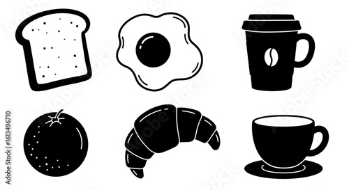 Breakfast food silhouette icons including toast, egg, and coffee  