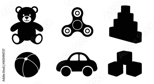 Toy silhouettes including bear, fidget spinner, and building blocks concept of Hand-drawn flat vector illustration  