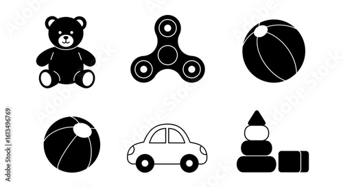 Toy silhouette icons including teddy bear, fidget spinner, and car  