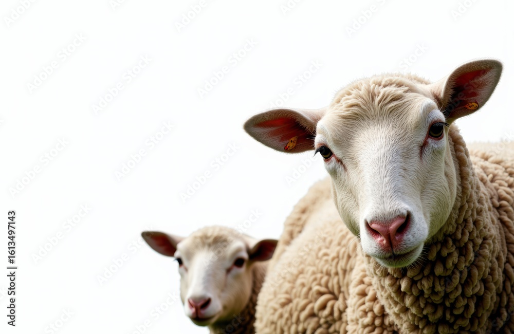 Fototapeta premium Close-up of two sheep with woolly coats against a plain white background