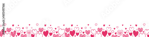 Background with hand drawn flying hearts. Banner design in cartoon style. Doodles. Concept for Valentine’s Day, Mother’s Day and Women’s Day. Vector illustration