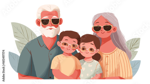 Happy grandparents with grandchildren wearing sunglasses in summer  