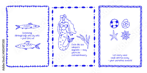 Nautical Fisherman Aesthetic Sketch Print. Vintage Coastal Mediterranean Food. Vector Doodle Illustration