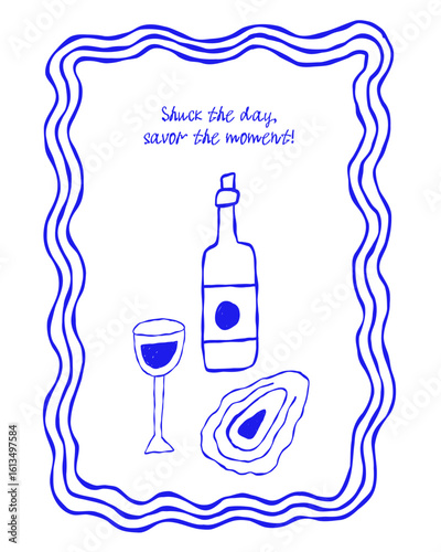 Wine Mediterranean Food Doodle Sketch Print. Wine Bottle, Glass, Oyster for Picnic Menu. Vector Vintage Illustration