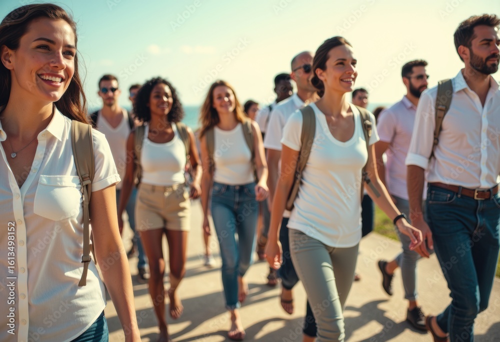 Obraz premium Group of smiling young adults walking outdoors on sunny day