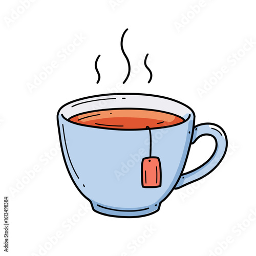 Blue cup with hot tea and tea bag on white background - Concept of Hand-drawn flat vector illustration  