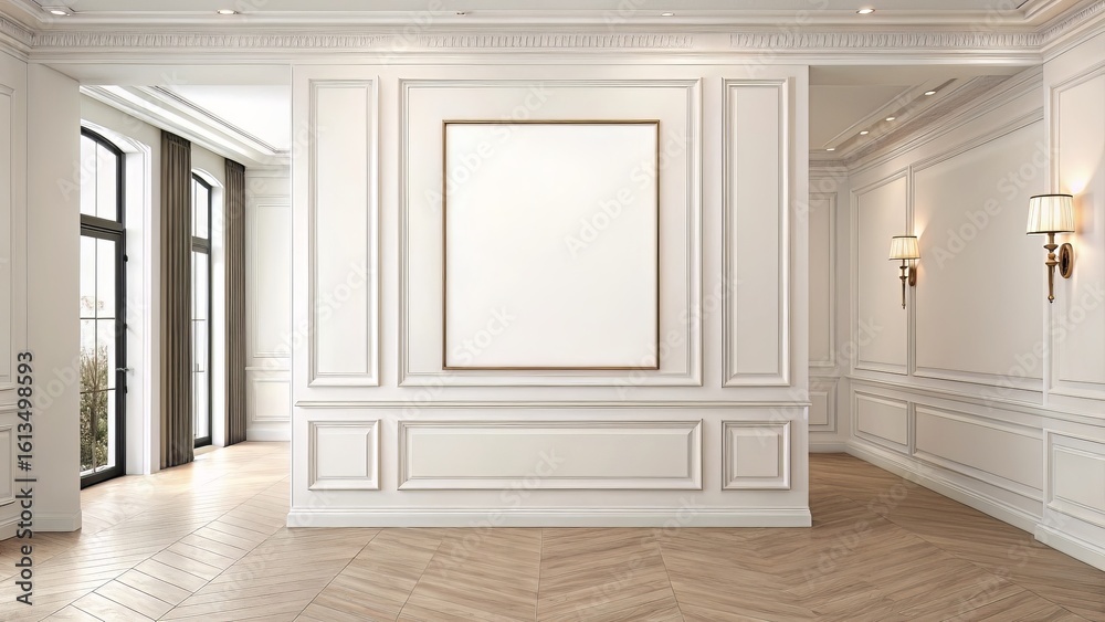 Fototapeta premium Neutral Wall Frame Scene: Minimal Decor and Soft Light for Simple Art Display