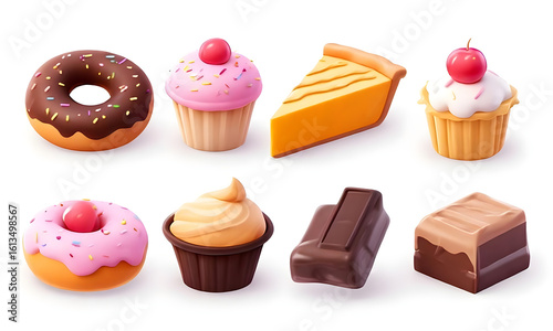 Assortment of sweet treats and desserts on a white background