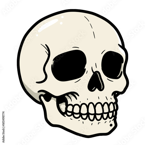 Cartoon skull illustration in a playful style with black outlines  