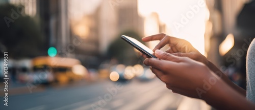 The smartphone held in hands against a busy urban backdrop at sunset.