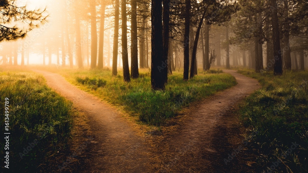 Obraz premium A misty forest with diverging paths, bathed in golden light filtering through trees.
