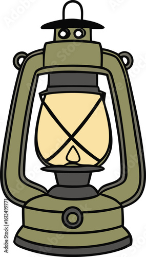 Olive green kerosene lantern with yellow glass and black accents light illumination