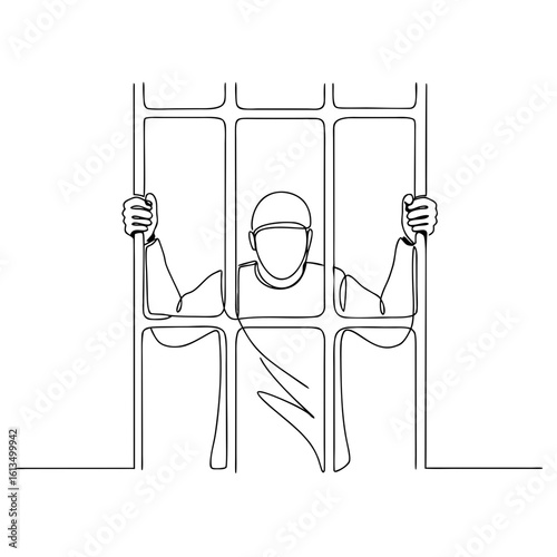 Man holding prison bars in a minimalist line drawing style  
