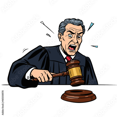 Angry judge screaming while slamming gavel on courtroom bench  