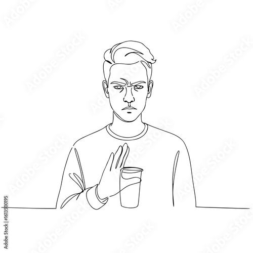 Young man rejecting drink with hand gesture and serious expression  