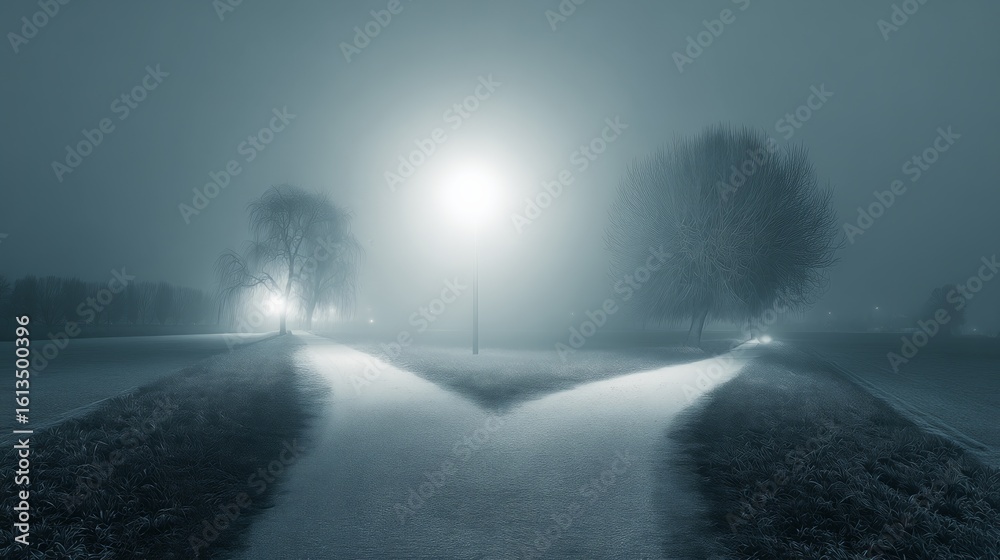 Fototapeta premium A misty path splits into two directions, symbolizing choices in a dreamlike setting.