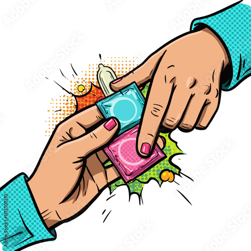 Hands opening condom packages with colorful pop art background  