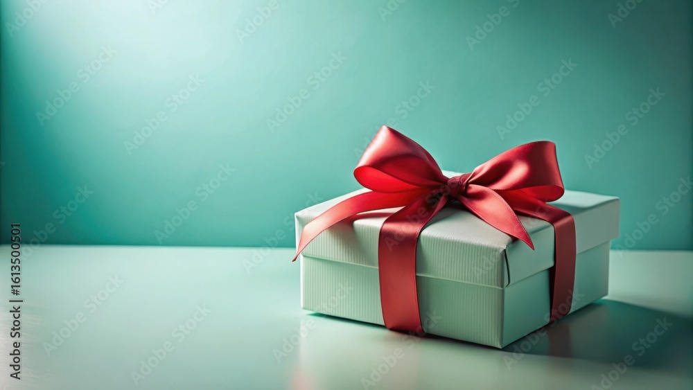 Fototapeta premium A light teal gift box adorned with a vibrant coral ribbon, elegantly presented on a smooth surface against a serene backdrop