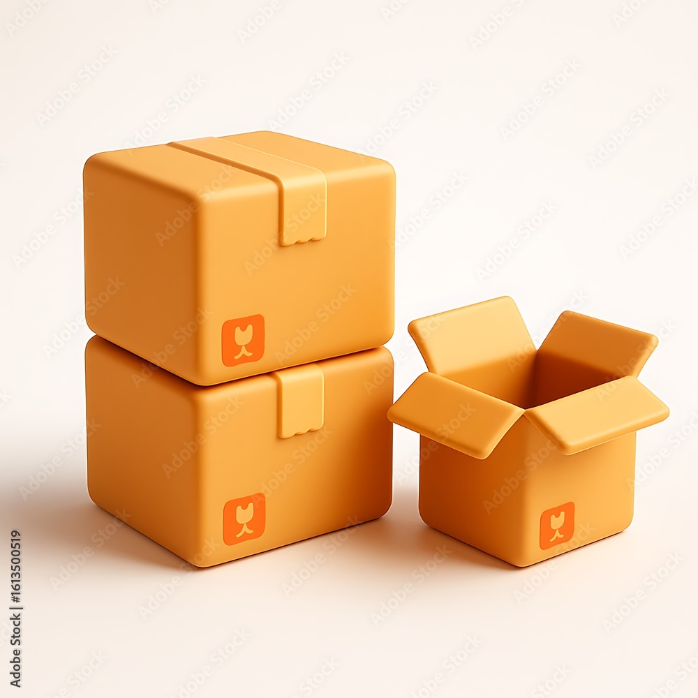 Obraz premium Three cardboard boxes one open ready for shipping and delivery