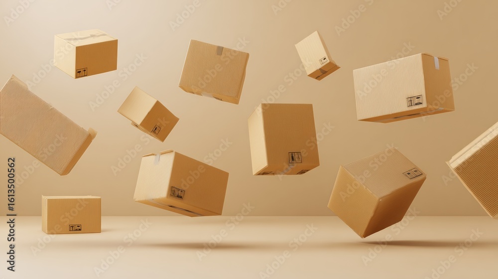 Fototapeta premium Abstract e-commerce concept with floating geometric boxes against a gradient, symbolizing online shopping simplicity.