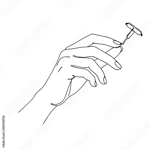 Female hand holding IUD in a simple line drawing style  