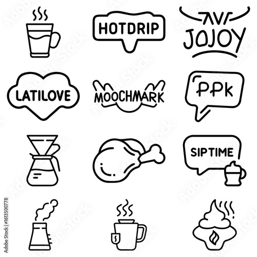 Collection of various food and drink related icons including coffee, chicken, and steaming objects