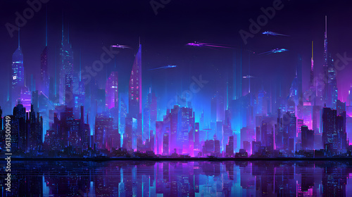 Fototapeta Naklejka Na Ścianę i Meble -  futuristic neon-lit city skyline at night with glowing purple and blue lights flying cars cinematic depth and high-tech cyberpunk atmosphere