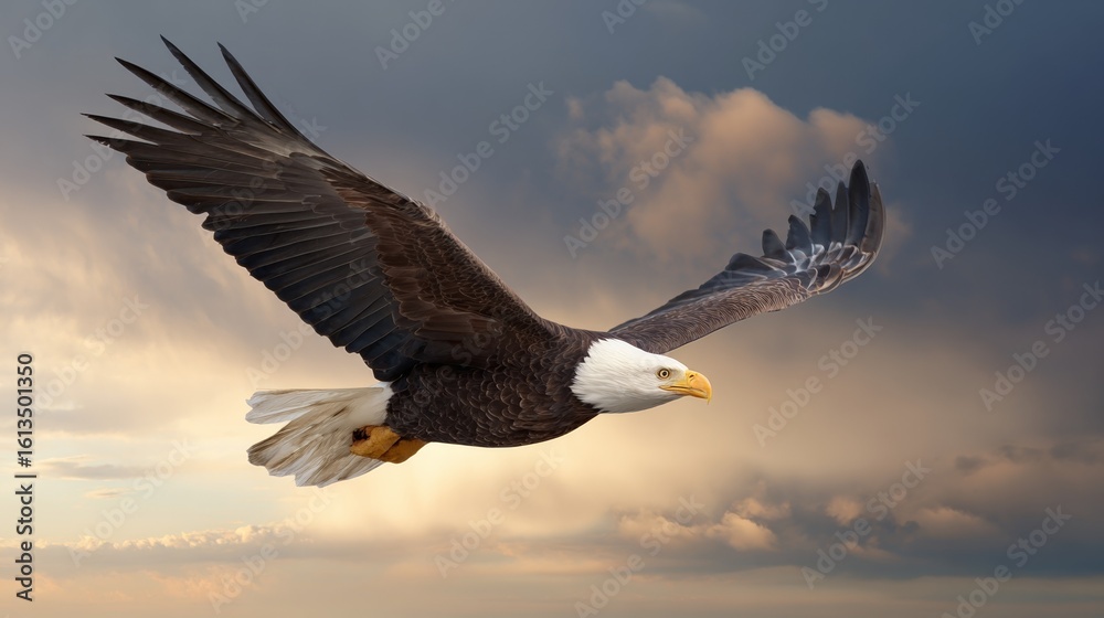 Fototapeta premium A majestic bald eagle soaring through a dramatic golden-hued sky.