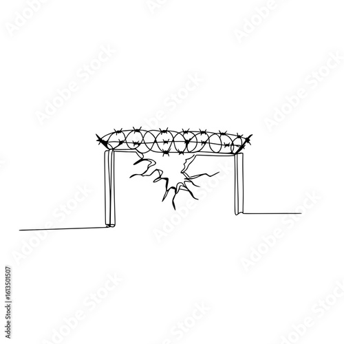 Broken barbed wire fence with a gap in minimalist style  