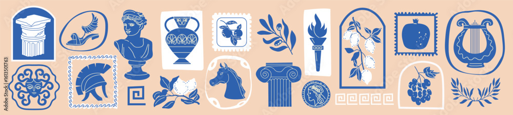 Obraz premium Greek vintage print set with hand-drawn Santorini stamps and mythology symbols. Mediterranean-style stickers featuring olive branches, ancient signs, and summer vacation elements. For postcards, trav