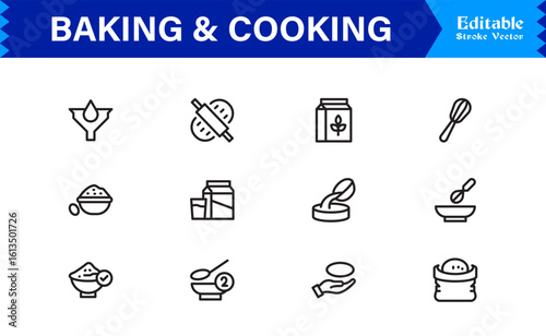 Baking Cooking Line Icon Set – Professional Minimal Editable Vector Icons for Culinary Recipes Kitchen