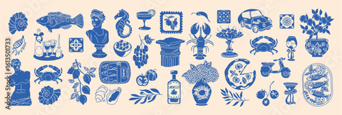 Hand-drawn Italian summer food icons. Vintage Mediterranean set with Amalfi lemons, wine bottles, and traditional cuisine symbols. Travel-themed stickers and emblems perfect for coastal vacation desig