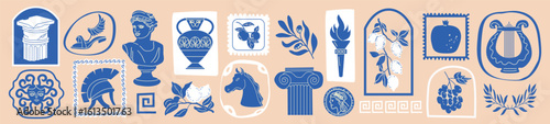 Greek vintage print set with hand-drawn Santorini stamps and mythology symbols. Mediterranean-style stickers featuring olive branches, ancient signs, and  summer vacation elements. For postcards, trav