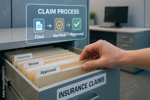 Insurance claim process concept with hand pulling file folder from drawer labeled insurance claims, office background, and digital overlay showing filed, verified, and approved steps