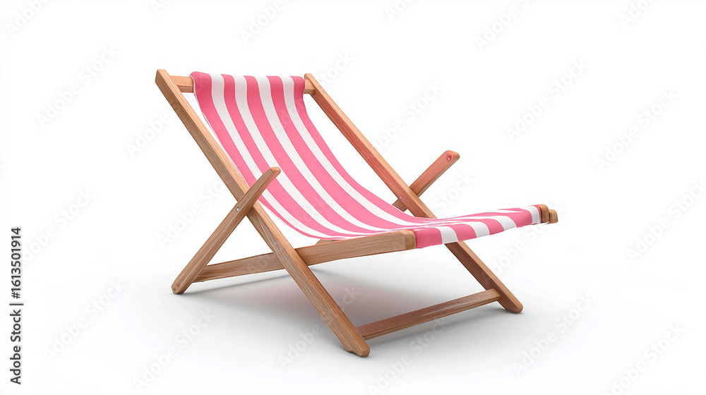 A wooden beach chair with pink and white stripes isolated on a clean white background for relaxation A wooden beach chair with pink and white stripes isolated on a clean white background for relaxation