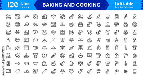 Baking Cooking Line Icon Set – Professional Minimal Editable Vector Icons for Culinary Recipes Kitchen