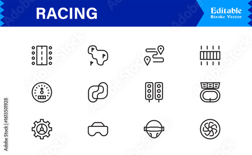 Racing Essentials in a Professional Line Icon Set – Modern, Minimal, Pixel-Perfect Symbols for Motorsports and Speed Themes