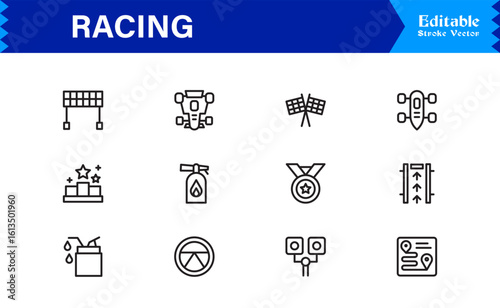 Racing Essentials in a Professional Line Icon Set – Modern, Minimal, Pixel-Perfect Symbols for Motorsports and Speed Themes
